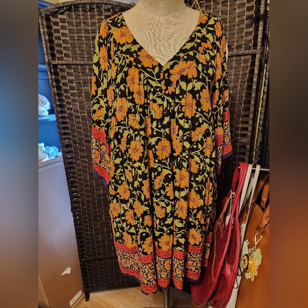 Easel Black and Orange Floral Long Sleeve Dress